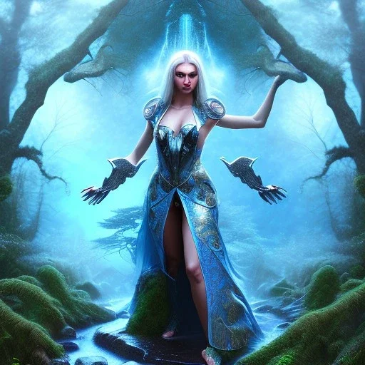 crazy detail, magical forest background, waterfall, blue but cloudy skies,the upper body of grand sleazy lady in robes and gloves,engraved stone statue, lively eyes,hidden hands, framed by foliage, runes, warm light, holding up scroll