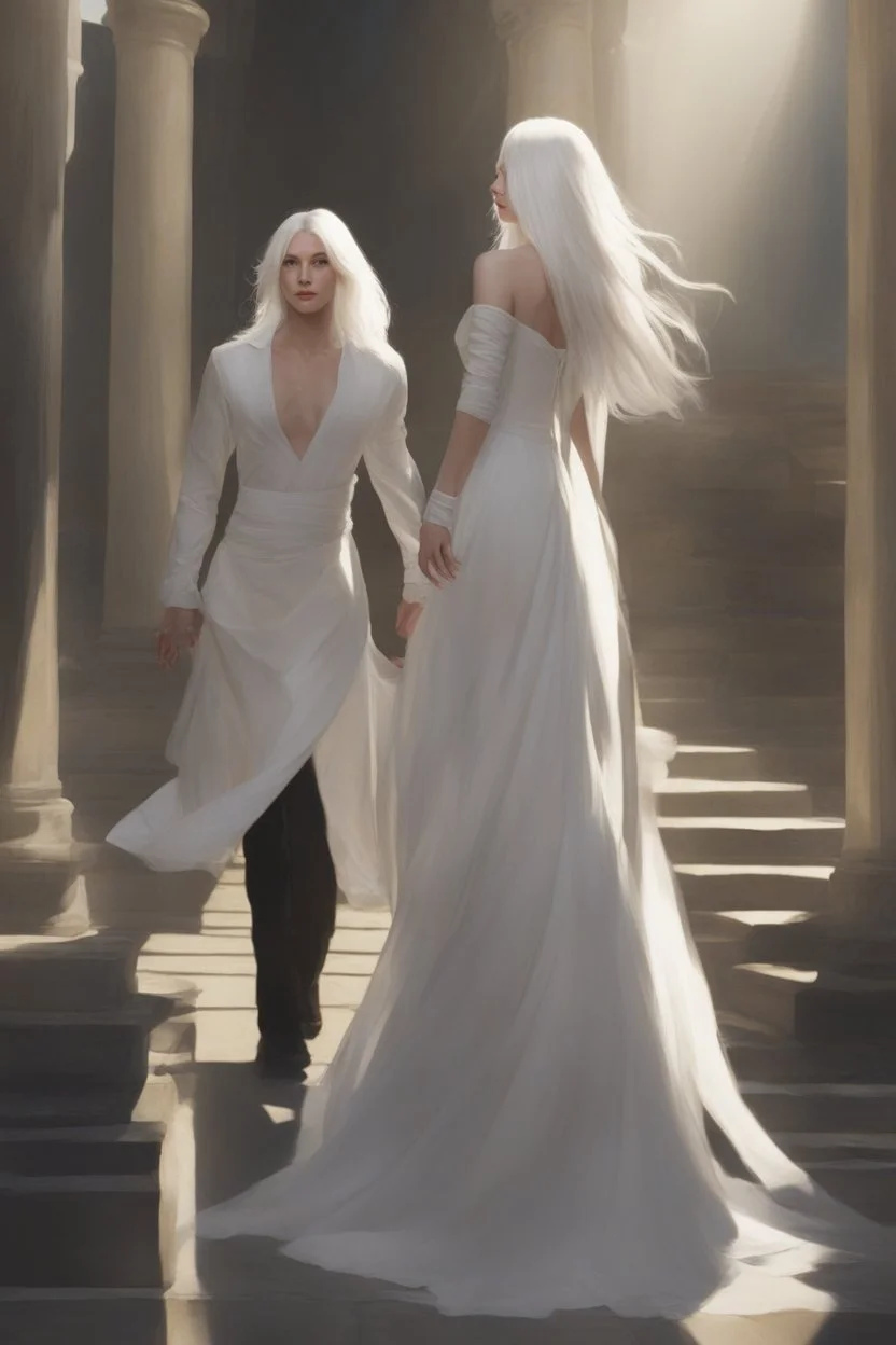 Woman with white hair wearing a white dress, walking down a sunlit stone hall, AND a handsome man in the background lurking in the shadows with long black hair