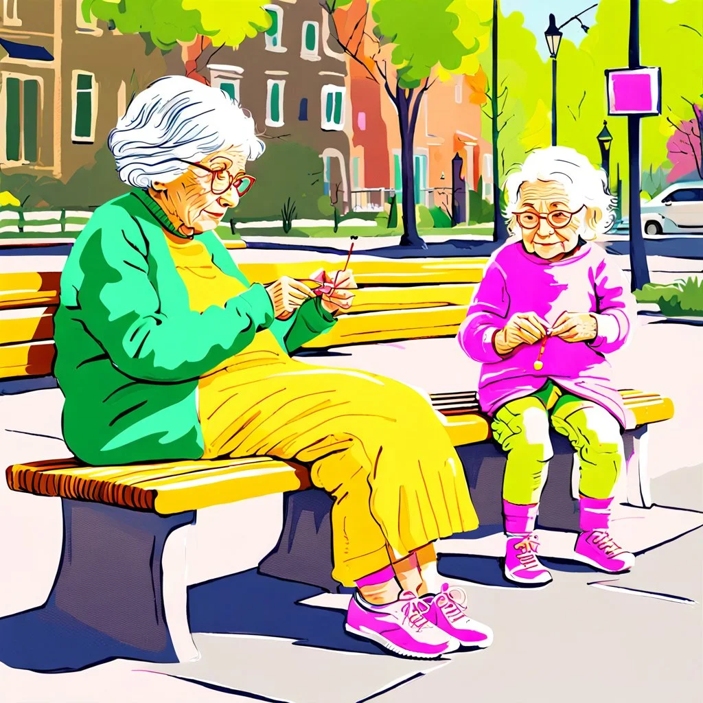 A whimsical painting of an 80-year-old grandmother knitting a yellow sweater on a bench in the boulevard, while next to her on the bench is a 5-year-old little girl knitting a small pink sweater, the grandmother with wild ginger hair and large green glasses, wearing a cozy mustard sweater and striped yellow tights. She sits on a bright yellow green bench, intently focused on her knitting needles and yarn. From around on the bench and on the floor, balls of yarn, a knitting basket and needles sur