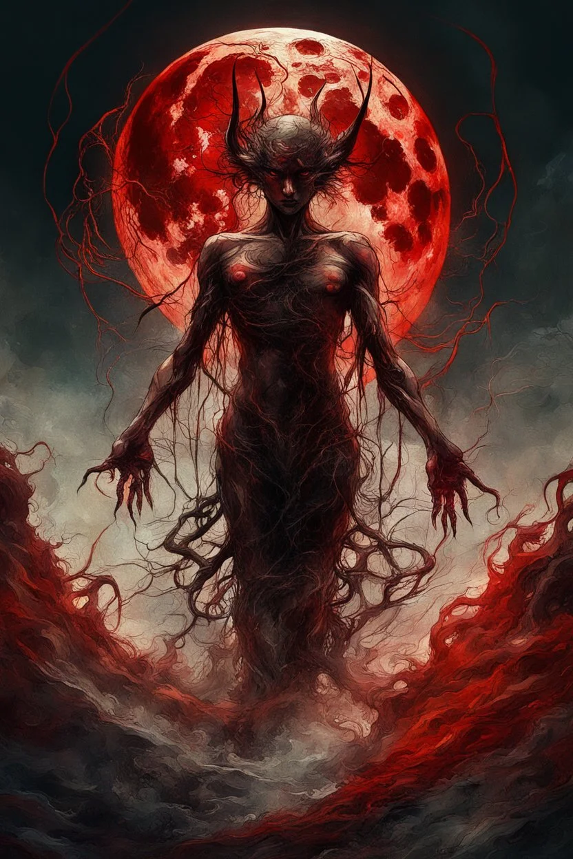 A dramatic digital painting portraying a figure under the Red Moon, veins pulsing, claws of temptation visible, soul in turmoil. In the style of Giger and Salvador Dali and Van Gogh, vivid colors, swirling brushstrokes, highly detailed, 8k resolution, surrealistic., by Ryohei Hase, Agnes Cecile, Raymond Swanland, Anne Bachelie