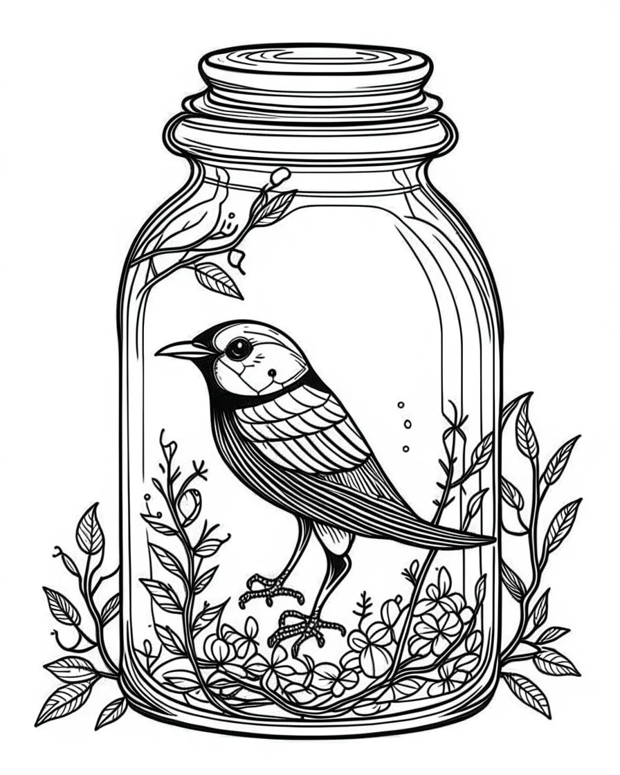 bird life in jar minimalistic, line art, background, vector, svg, coloring book page style, black outline on white background