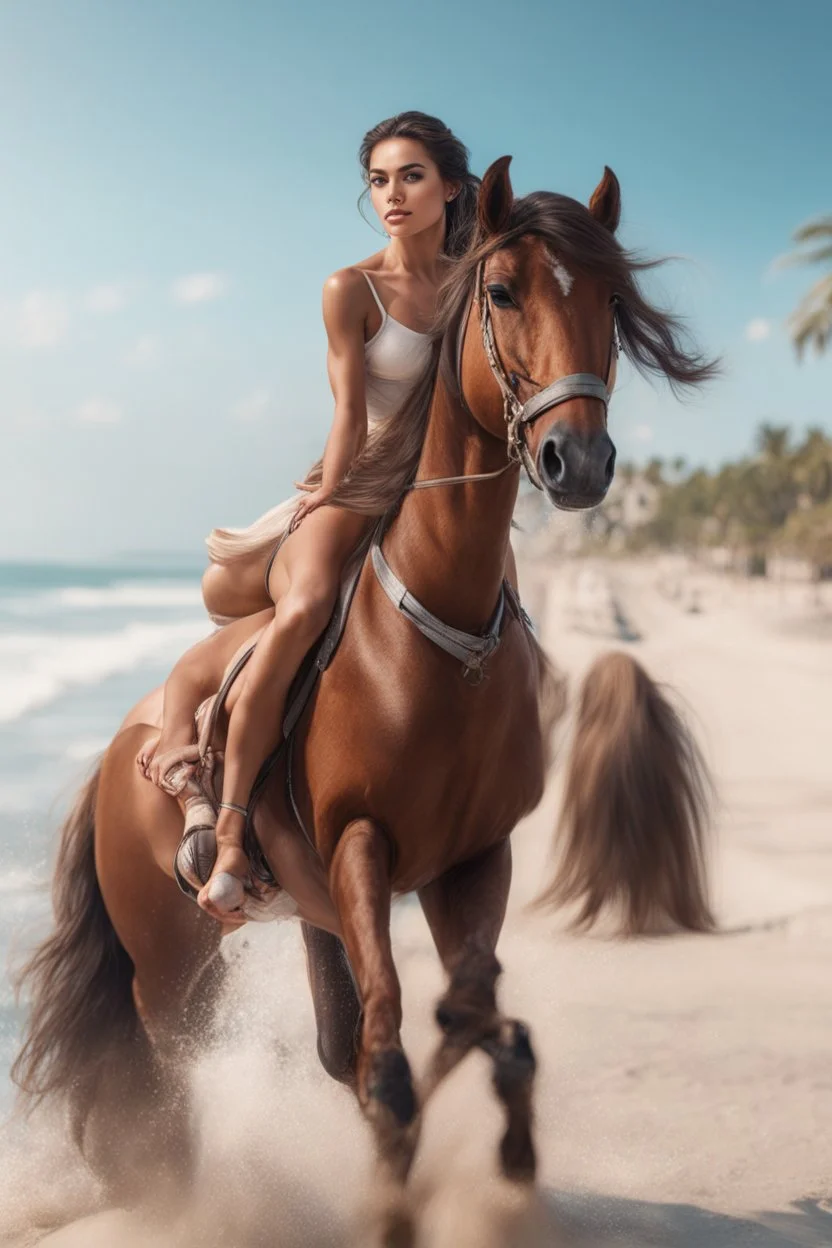 Social media influencer. Hyper realistic. Brunette. Brown eyes. Exotic. Athletic. Glamorous. Riding horse on the beach.
