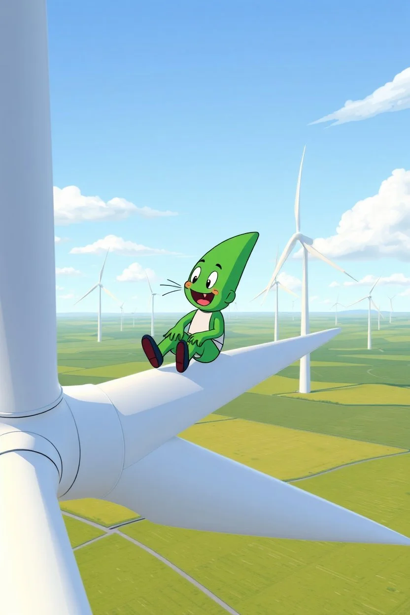 Cartoon style, Patrick (from the cartoon) sitting on the blade of a wind turbine, with speed and wind hitting him in the face, wind farm in the background