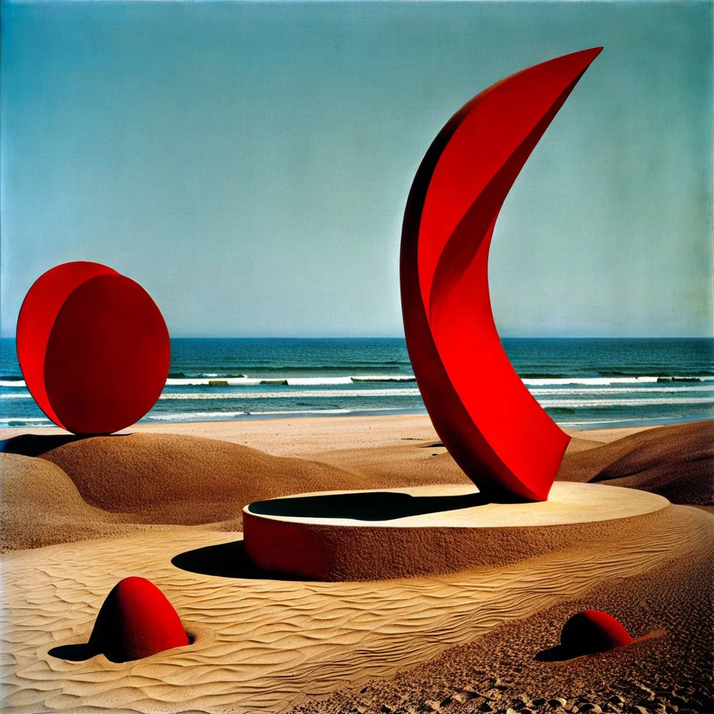 Odd red sculpture, realistic, beach, Max Ernst