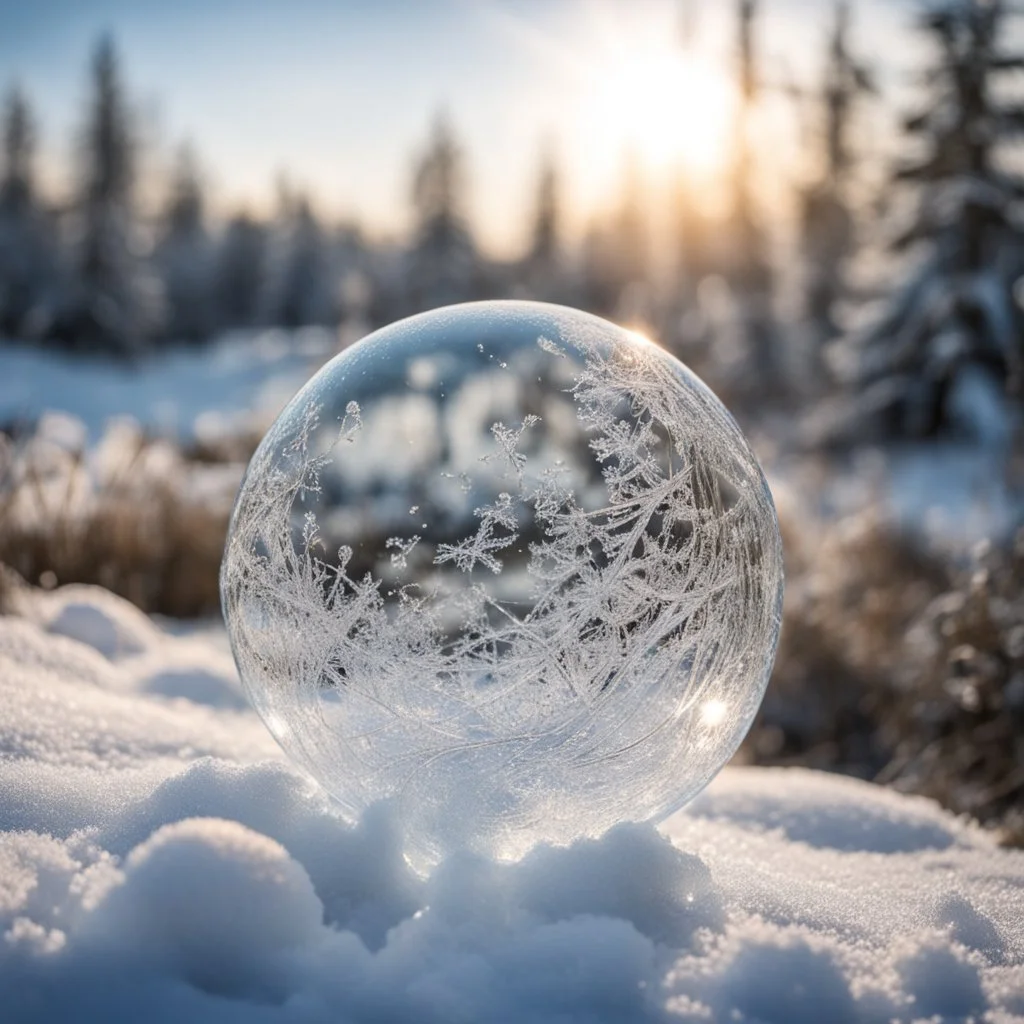 Frozen bubble in front of a snowy landscape, the bubble has wonderful icecrystals and the sun is shining, frozen, cold outside, swirley golden and silver lines,