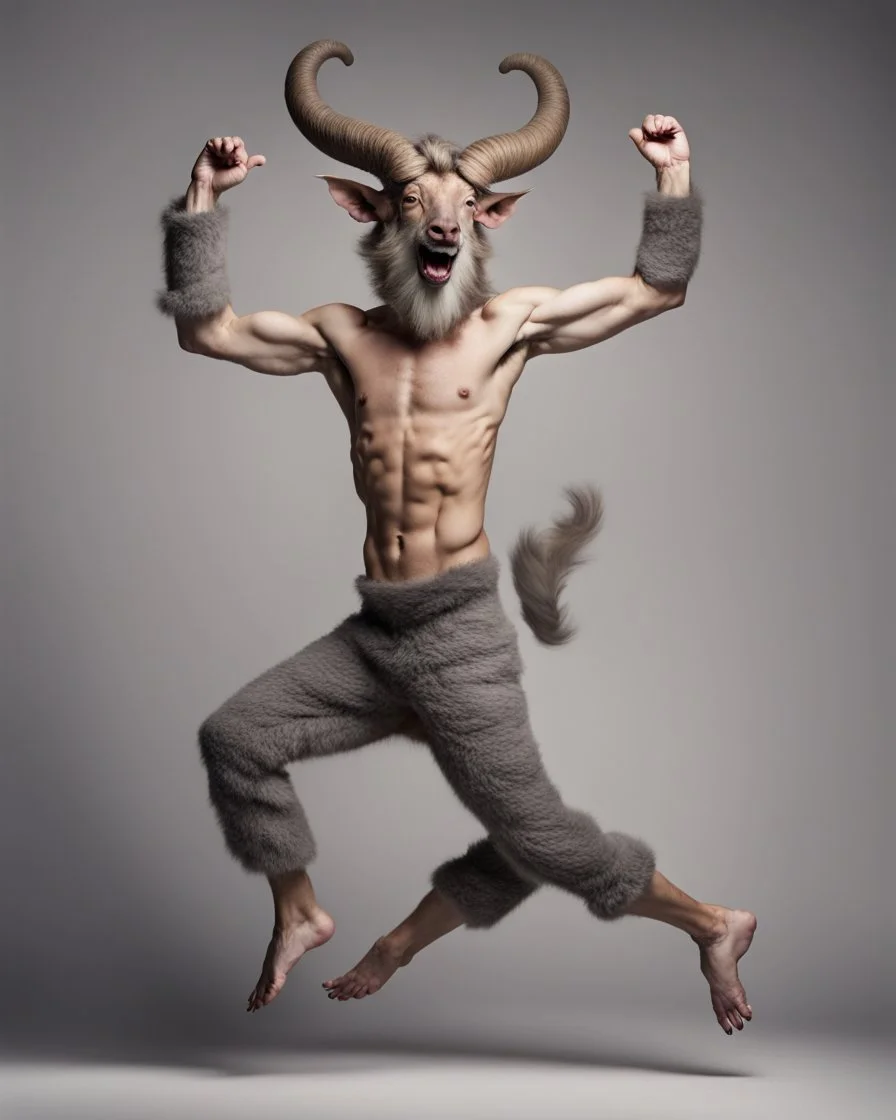 A horned satyr on full-length hind legs, legs in gray wool, jumps and smiles, sends an air kiss