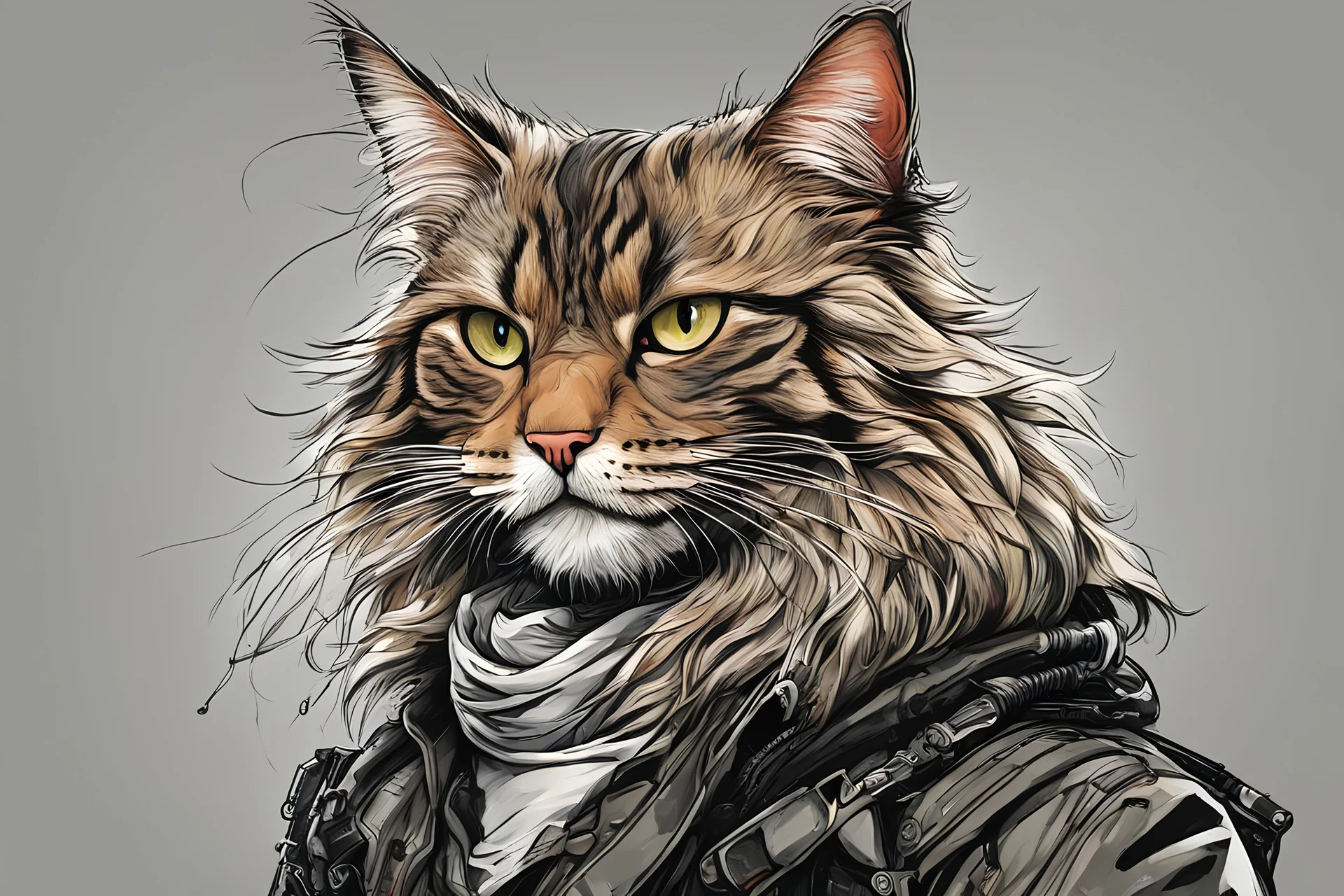 create a wild caricature of a grizzled streetwise cyberpunk female mercenary Maine Coon cat, highly detailed with refined feline features in the cartoon caricature style of Gerald Scarfe and Ralph Steadman precisely drawn, boldly inked, vividly colored, 4k