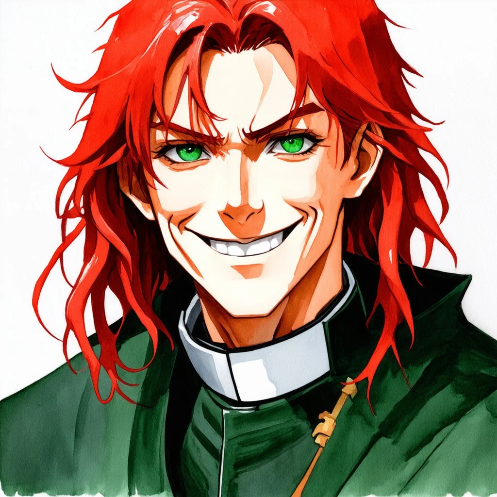 dnd, watercolour, illustration, portrait, realistic, rogue, male, sharp facial features, long red hair, green eyes, radiant, priest, smiling