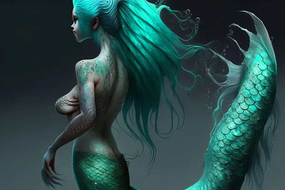 old mermaid, shimmering turquoise tail, tattoo, high resolution, Artstation trends, fine details, 8K