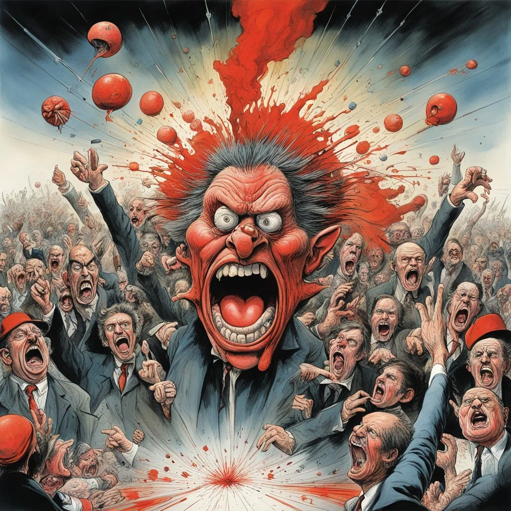 Chaos of Liberal Democracy, nightmarish roiling ball of anger and division depicting an angry mob of voters and grandstanding red-faced politicians, by Gerald Scarfe, by Ralph Steadman, by Martin Rowson, splash art, asymmetric surrealism, , violent color explosion, surrealism, asymmetry, maximalism