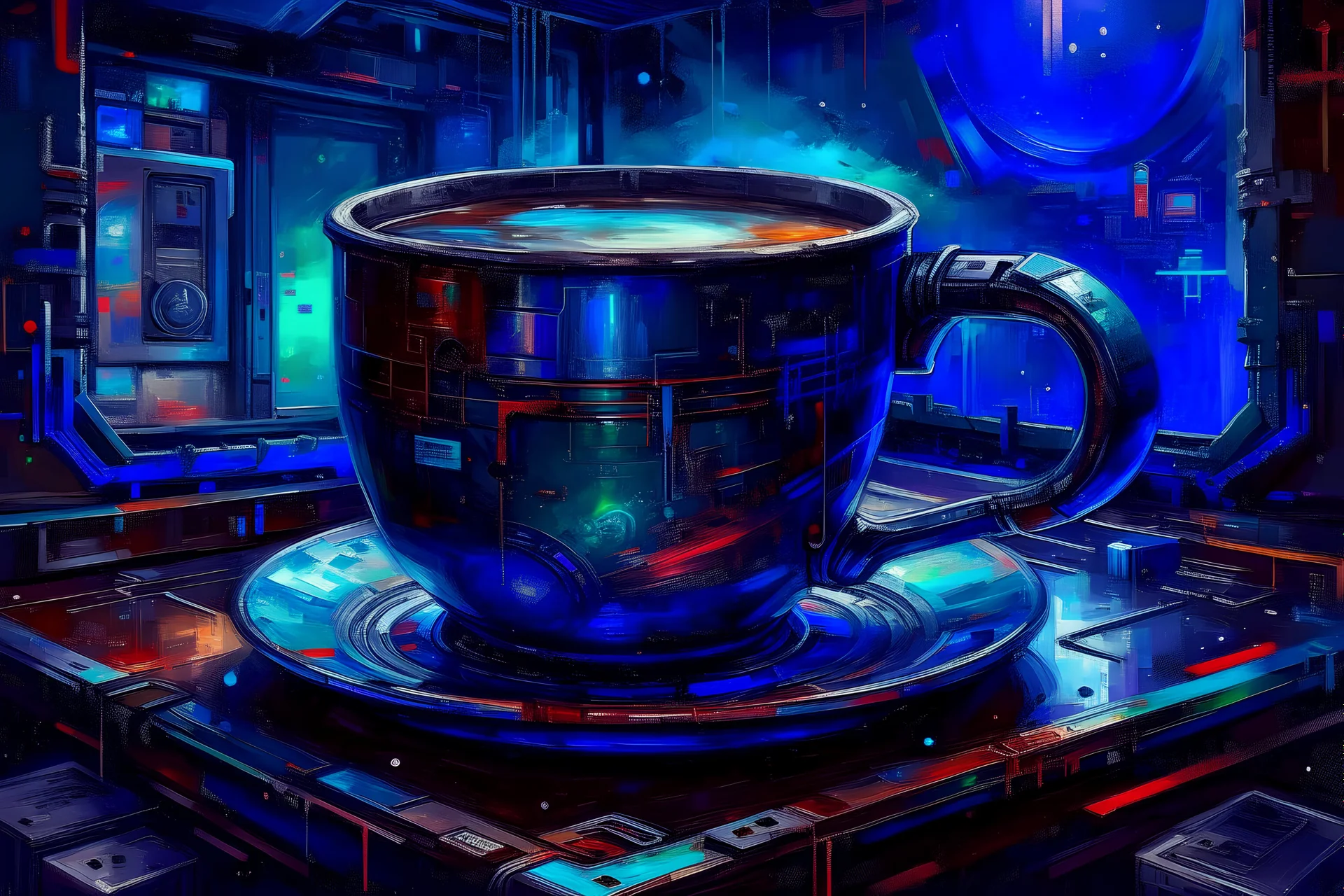 oil paint of a galexy in a cup station heritage authentic cyberpunk relic vibrant colours