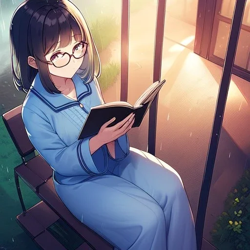 anime girl sitting on a porch swing of an old house, journaling, wearing pajamas, writing in a book, shes watching it rain, more detail on hands and her face,shes deep in her thoughts, wearing glasses, rain drops, she has a pencil in her hand and is writning in the book, she is looking down at what she is writing