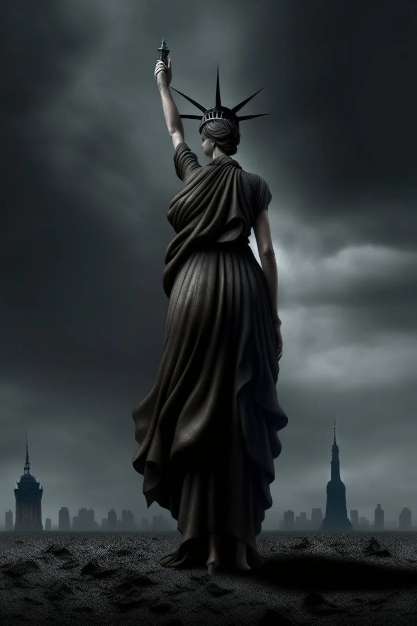 the statue of liberty, dress dirty and torn, her face solemn and terse, her head drooped low, shoulders slumped, trash littered at her feet, she holdsa crumpled american flag as she walks away, back to the viewer, under a dark and dreary sky