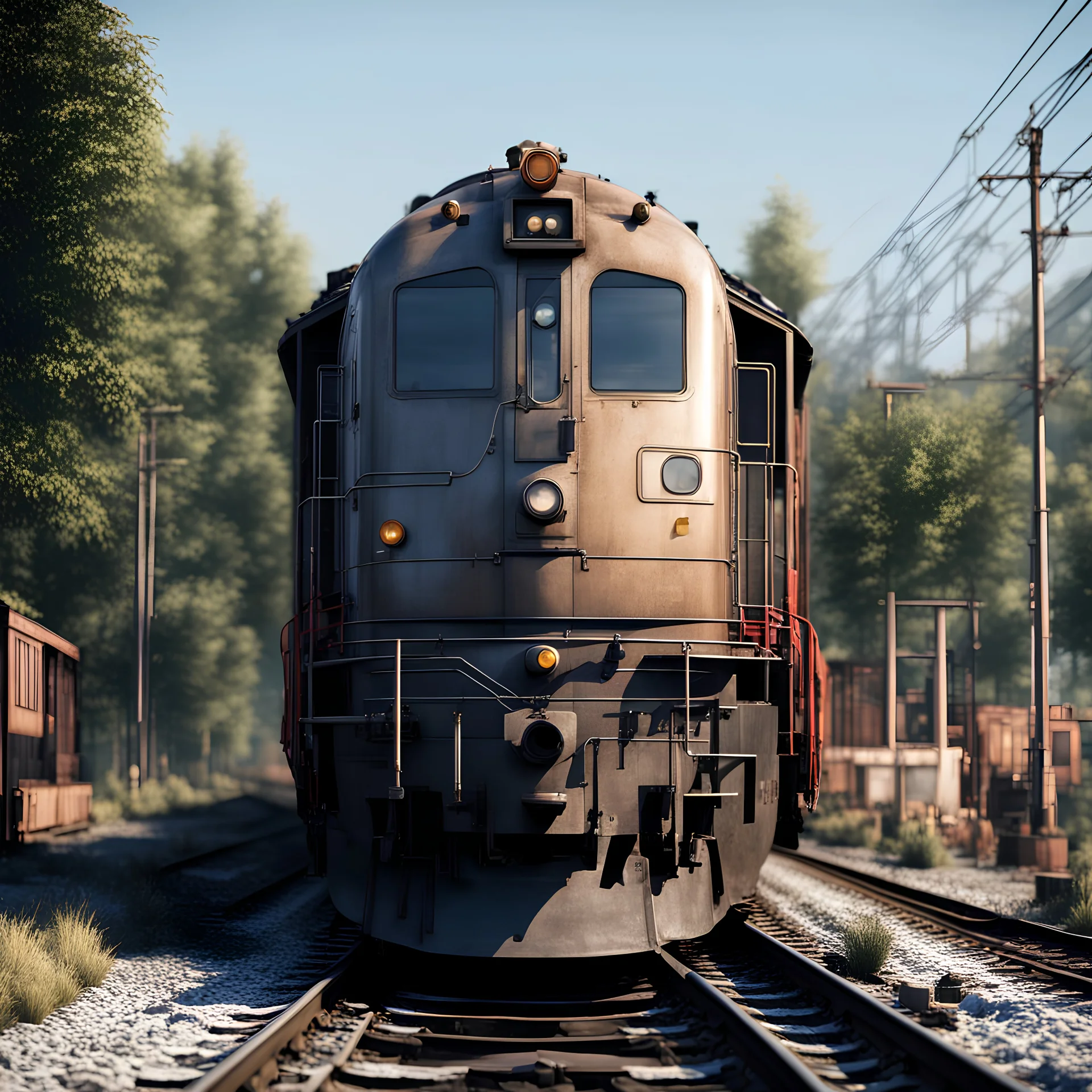 a commonly found train in real world with high details, front-side wise view. image should be real