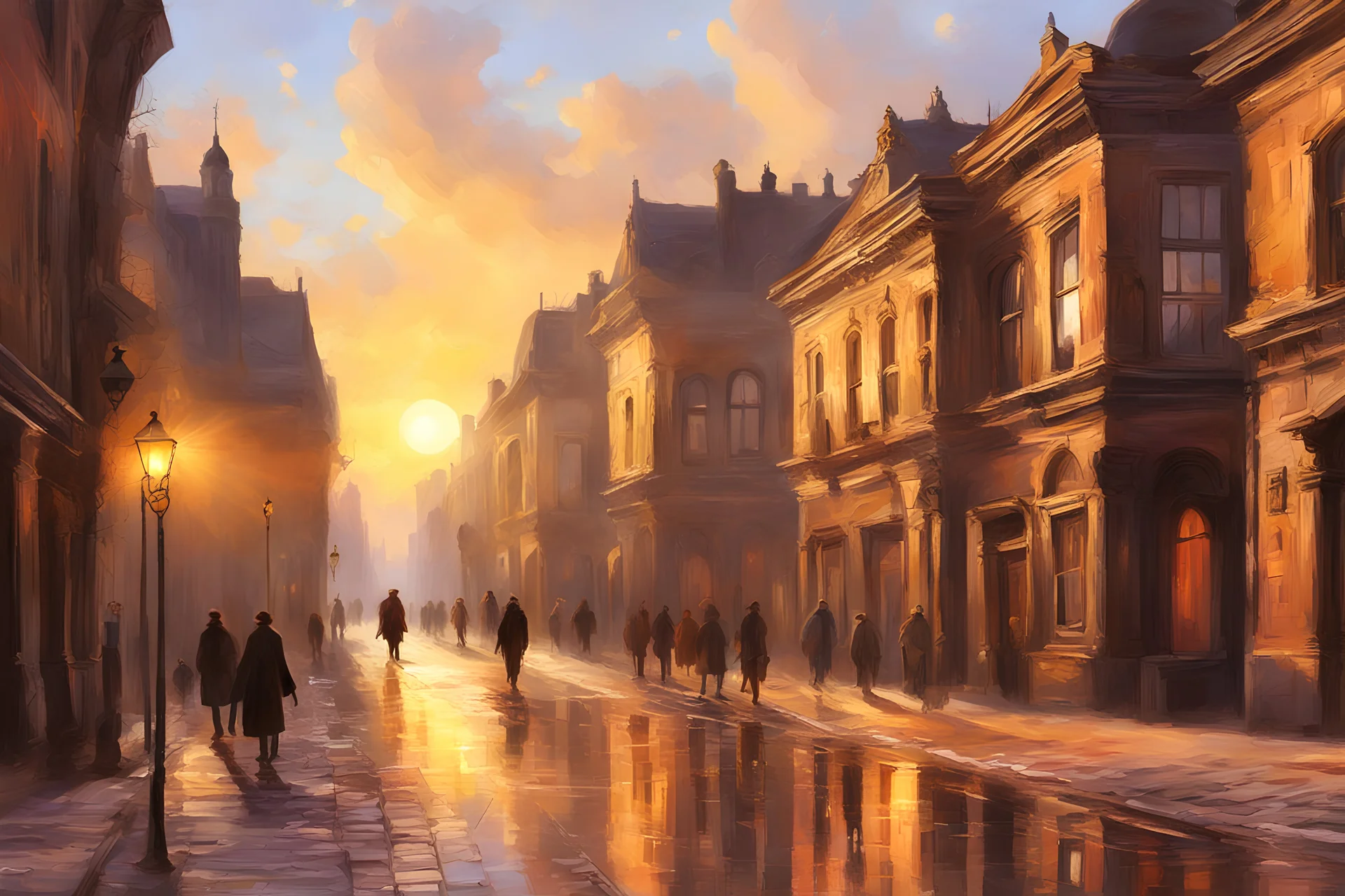 Landscape, sunrise, bright, old buildings, reflections, street lights, people on sidewalk, digital painting in style of bierstadt