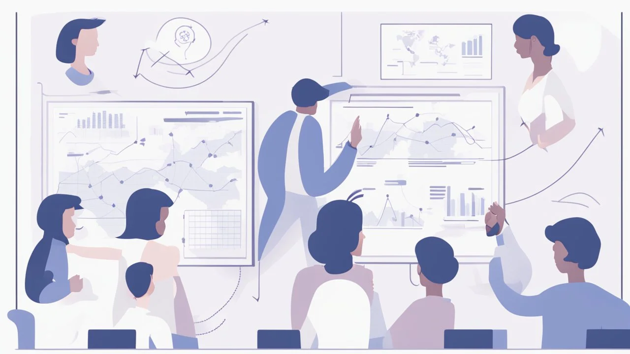 An image that conveys achieving success and skill development. The image depicts a group of individuals gathered in an inspiring teamwork session. They appear engaged in discussion and constructive exchange of ideas. In the background, a screen displays a chart or a conceptual map indicating various goals and pathways. Everyone appears enthusiastic and dedicated to collaborative work and continuous learning. The image reflects collaboration and a focus on achieving success through skill develop