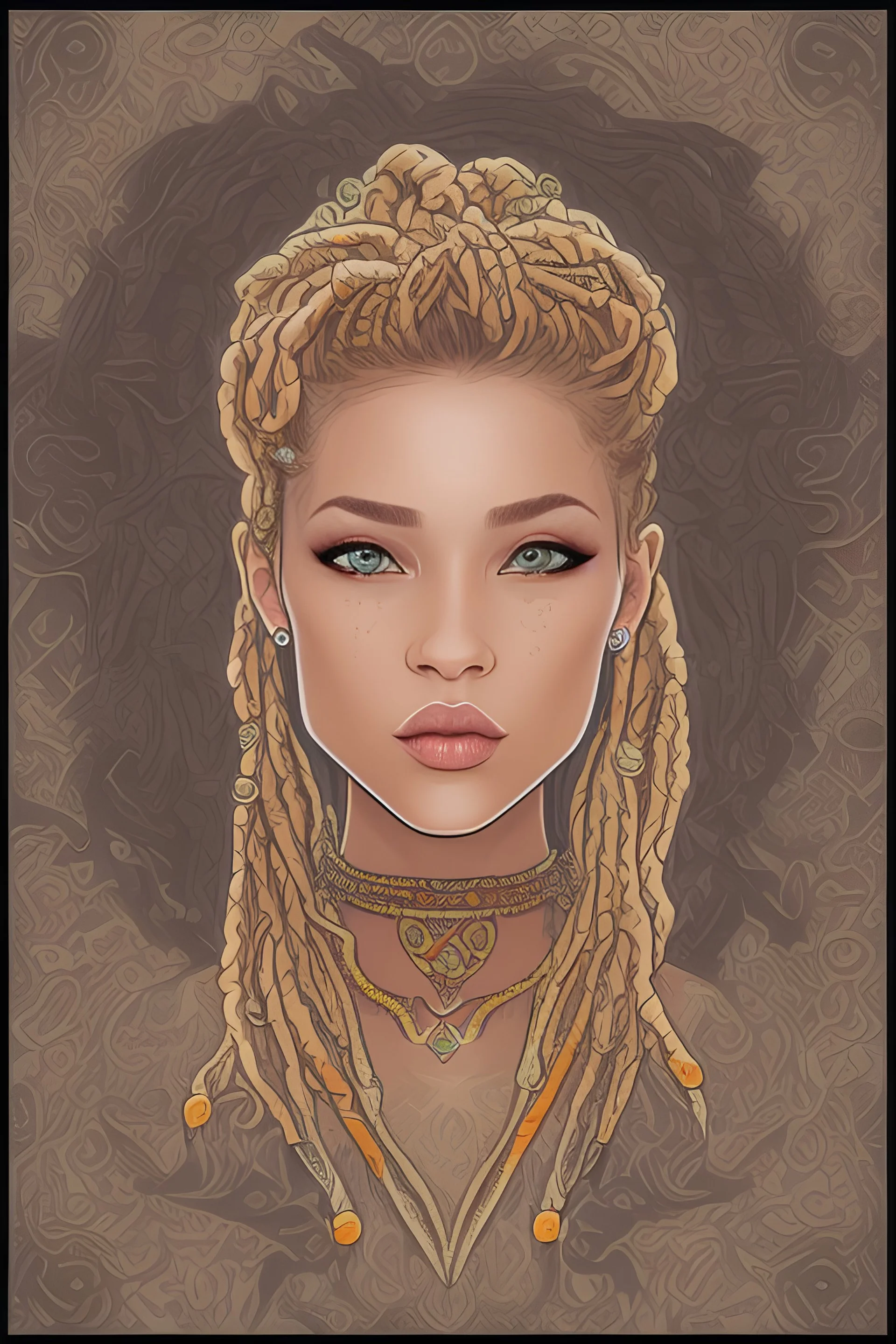 logo for a dreadlock website with a blonde dread headed lady with beads and wraps in her hair