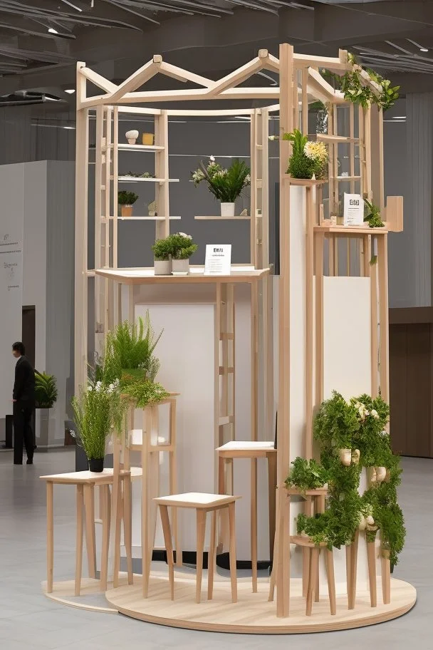 Corner exhibition stand in light colors with wood elements and floristry with two meeting areas