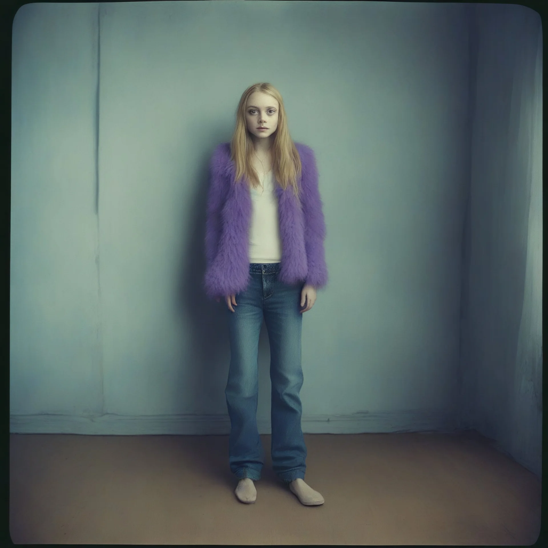 Dakota fanning, hippie girl, jeans, purple fur, in a liminal empty room, old autochrome
