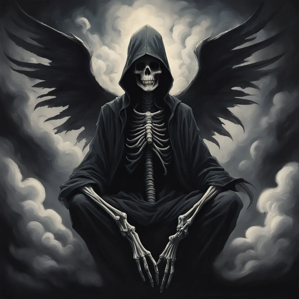 person sitting on a dark background. The dominant colors are black and gray, which give the scene an ominous and mysterious character. The person has their face turned upwards and blows cigarette smoke from their mouth, which enhances the impression of intrigue. It depicts a figure with wings emerging from its back, as if transforming into some supernatural creature. a hooded skeleton can be seen behind the clouds of smoke. he holds a scythe in one hand and a touch person in the other