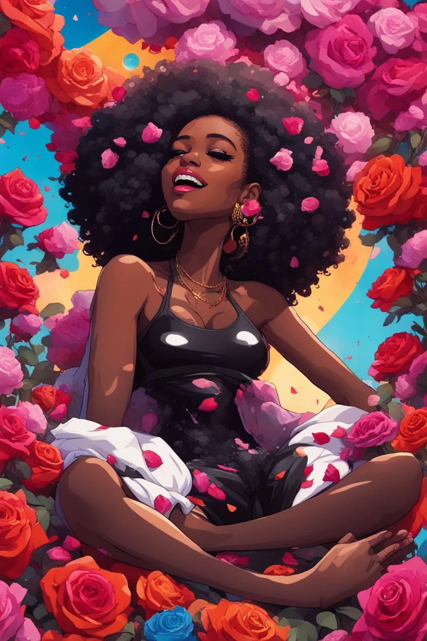 A sassy pop punk futurism art cartoon of a black female lounging lazily on her side, surrounded by colorful roses flower petals. Looking up coyly, she grins widely, showing teeth. Highly detailed black afro , regal expression.