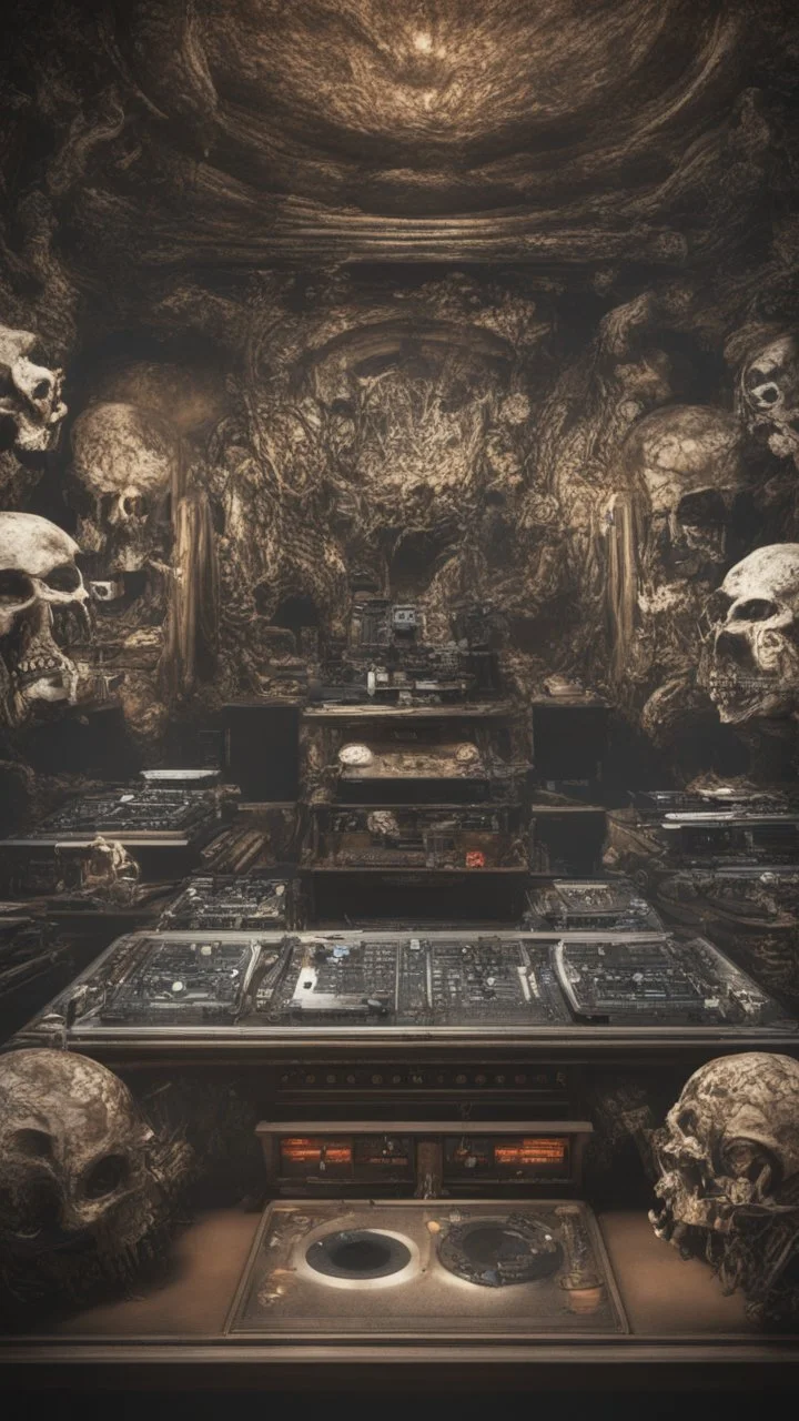 DJ of the damnded, insanely detailed DJ booth in hell, MID set, speakers and equipment made of bone, anatomically correct, add more skulls in th audience, photorealism, vray, 8k 3d https://stablecog.com/generate?o=a67b60e0-edd2-418d-9744-d1d585055d7f