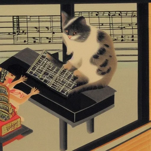 cat playing piano in style of japanese painting