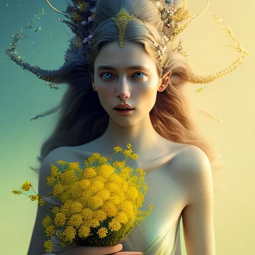 love couple portrait photography of an ethereal beautiful animal goddess, idol, with crystal eyes, magical environment, annie leibovitz, steve mccurry, 128k photography hyper realist, hyper detailed,laying down in gras with yellow flowers for hair, closed eyes, rtx, reflection, 8k, glow, winning photography, caustics