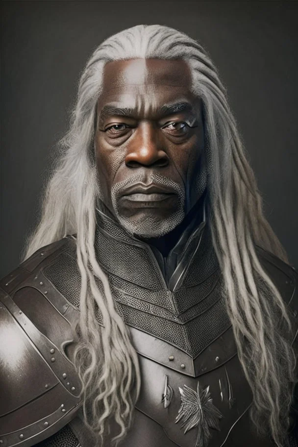 Portrait of a black man, fifty years, wearing a leather armor, long gray hair