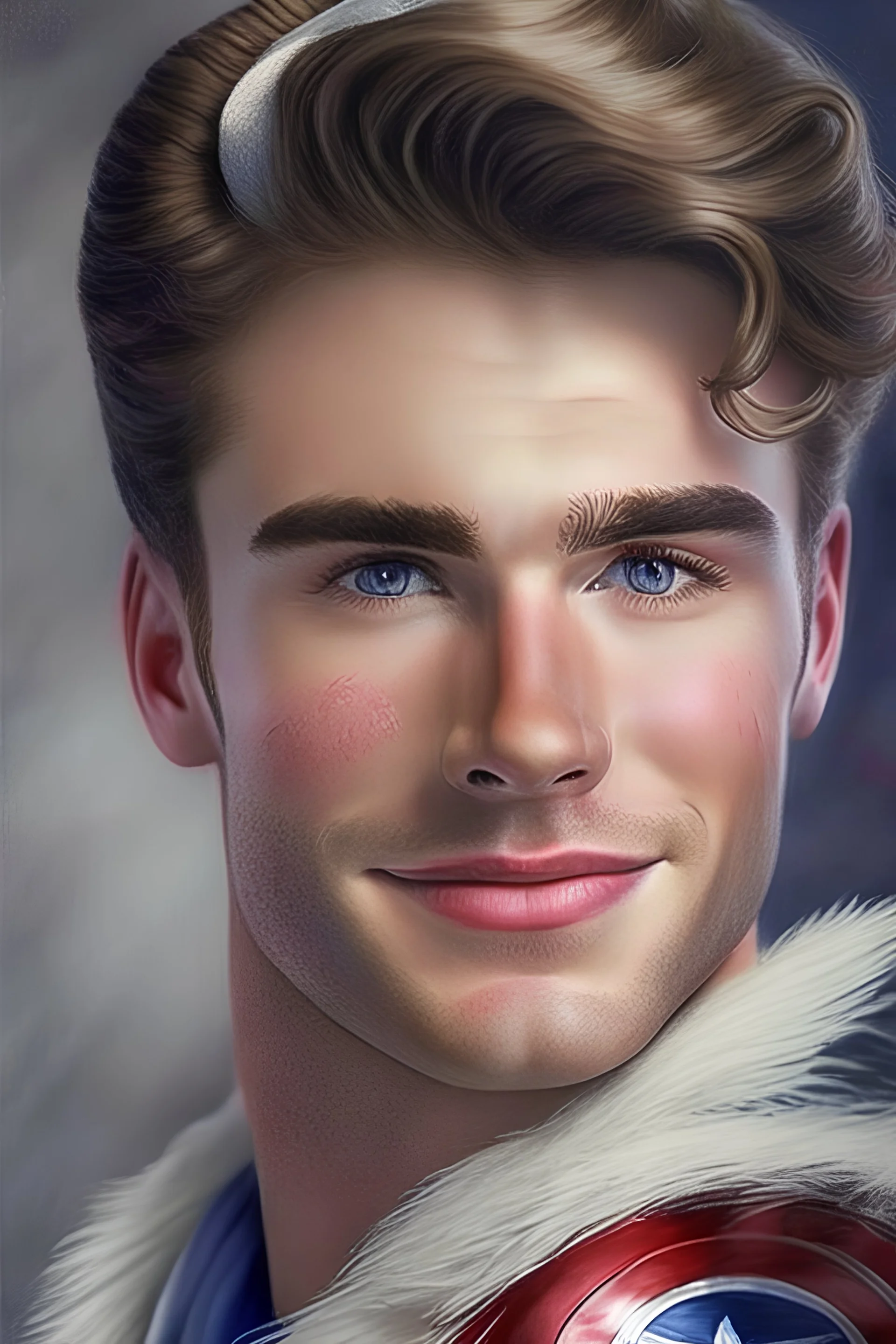 A real realistic picture of Captain America, white skin, medium nose, medium hazel eyes, wavy hair, pink cheeks, full eyebrows, long eyelashes, round face, full lips, smiling face ،A real, realistic picture of a beautiful twenty-year-old carrying a feather, real, realistic, many colors ، The picture is very detailed, as if you could reach out and connect with the two worlds. The paintings are very detailed