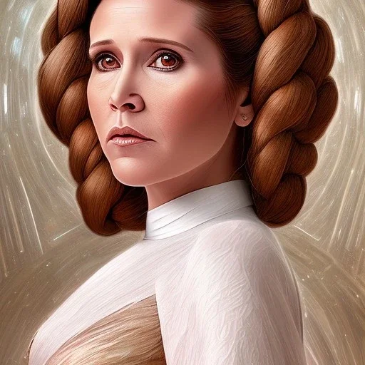 hyperspace background, complete and photo realistic detailed head to waist stunning photo realistic portrait of carrie fisher as Princess Leia in star wars with photo realistic hairstyle by Mandy Jurgens and mucha and Richard Schmid and chuck close and chie yoshii, extraordinary and detailed ceremony dress of star wars,brown eyes