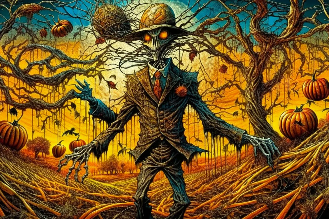 works by Mark Keatley, Josephine Wall, Ellen Jewett, Dan Mumford Cayenne, Victoria Francis. dancing scarecrow with a scary pumpkin head in a field with scarecrows, High Definition HD, High Detail, UHD Pen and Ink Art, Perfect Composition, Detailed Intricacy, Crazy Octane Rendering, Trending on Artstation, 8k Fine Art Photography, Photorealistic Concept Art , soft thoughts, 3D cinematic perfect light, 3D rendering, famous, unforgettable., photo, poster, cinematic