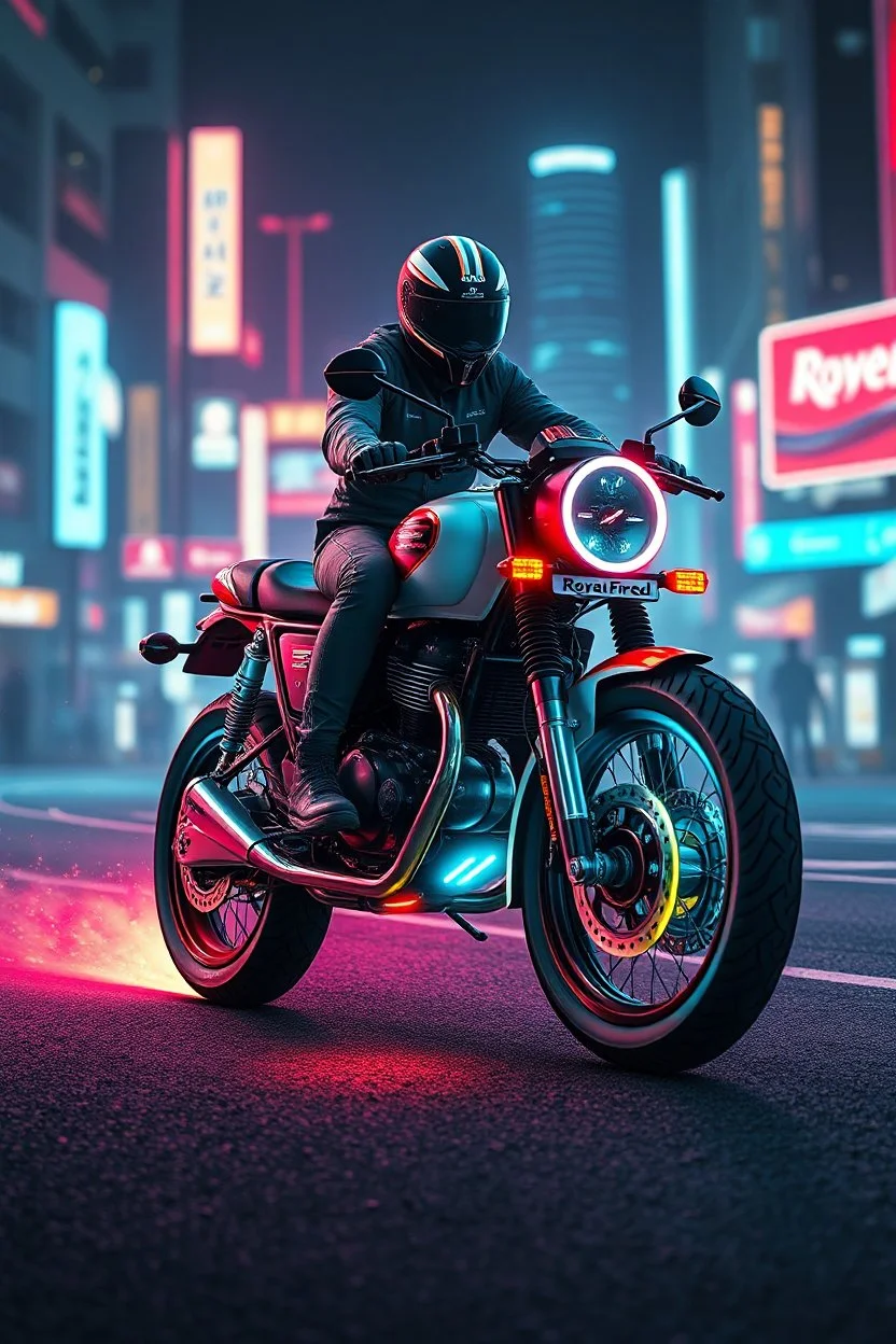 Design a futuristic Royal Enfield high technology design in the year 3025, future world,high technology fusion,hover bike,inspired by Syd Mead’s visionary style. futuristic elements with a high-tech, neon cyberpunk aesthetic. 1 man rider,lost neon city bgเส้นการเคลื่อนไหว, เส้นความเร็ว, ความลึกของระยะชัด, 32k , hyper resolution, hyper detailed, dynamic pose action ภาพยนตร์,