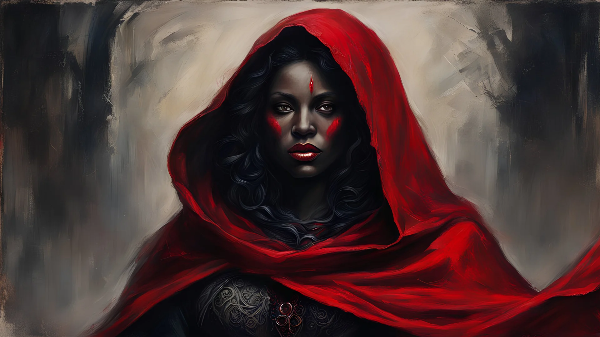 painting of dark woman demon covered in red, cloak, old and worn, masterpiece, detailed, high quality,