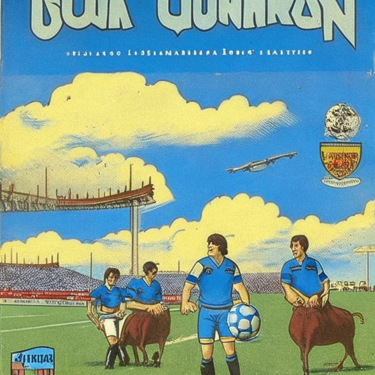 A 1980 medieval london comic cover of uruguayan sky-blue football magazine. At the street city, Monty Pyton. Estadio Centenario Montevideo.