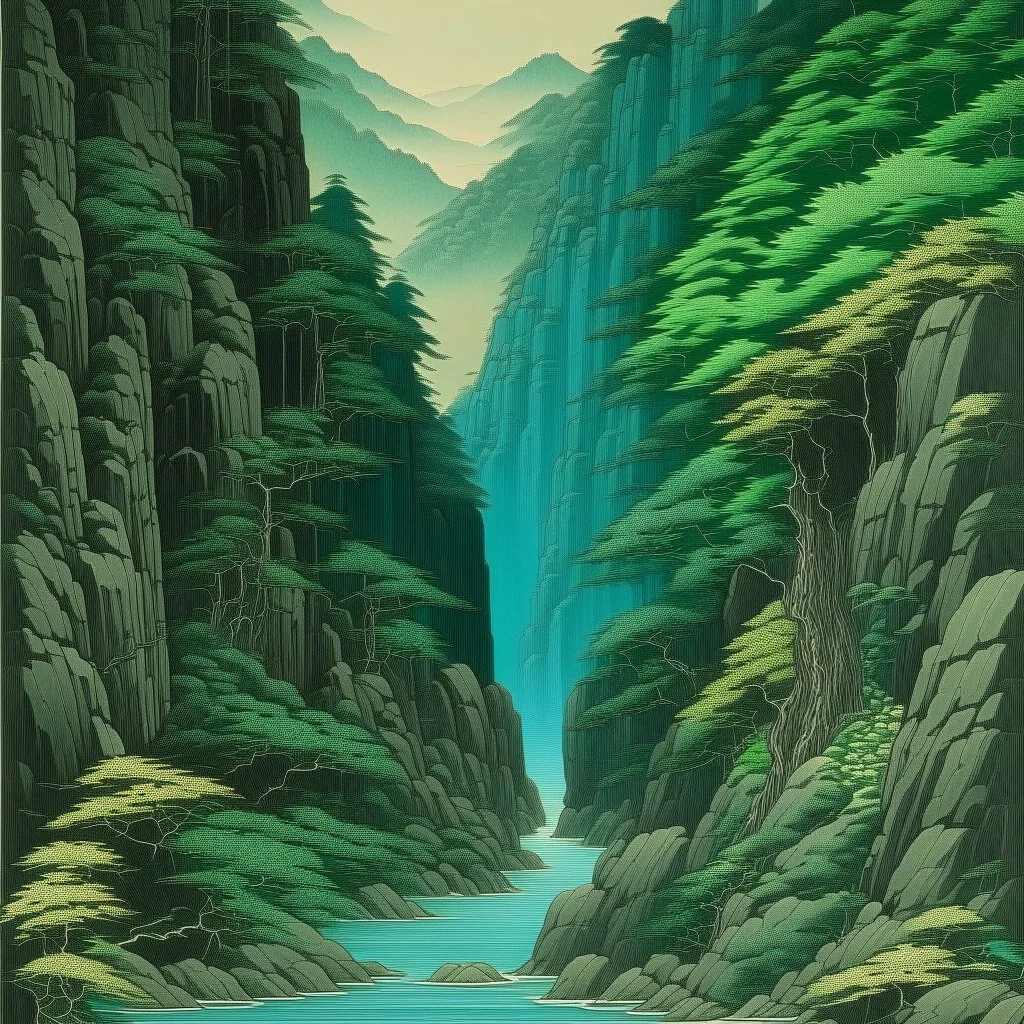 A greenish blue gorge made out of minerals painted by Utagawa Hiroshige