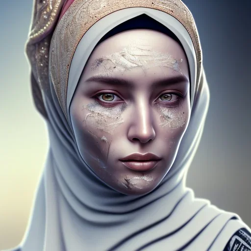 close up portrait of Sofia Buttela as woman in hijab, fine detail, highly intricate, modern surrealism painting, with scars on face , defined cracks and breaks, high-quality, volumetric lighting, 8k, ultrahd, George Grie, Marco Escobedo, Igor Morski,Brian Froud, Howard Lyon, Selina French,