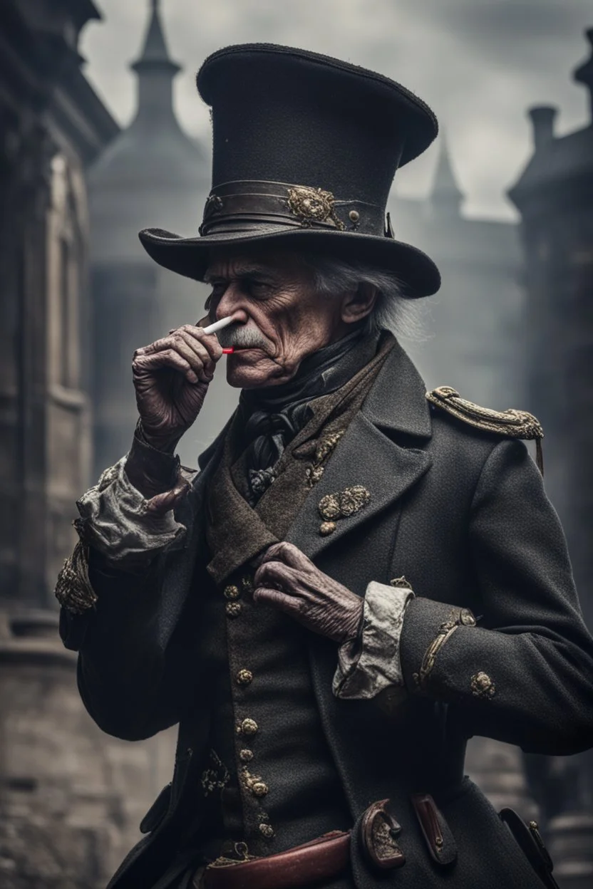 70 years old victorian bloodborne soldier smoking a cigarette