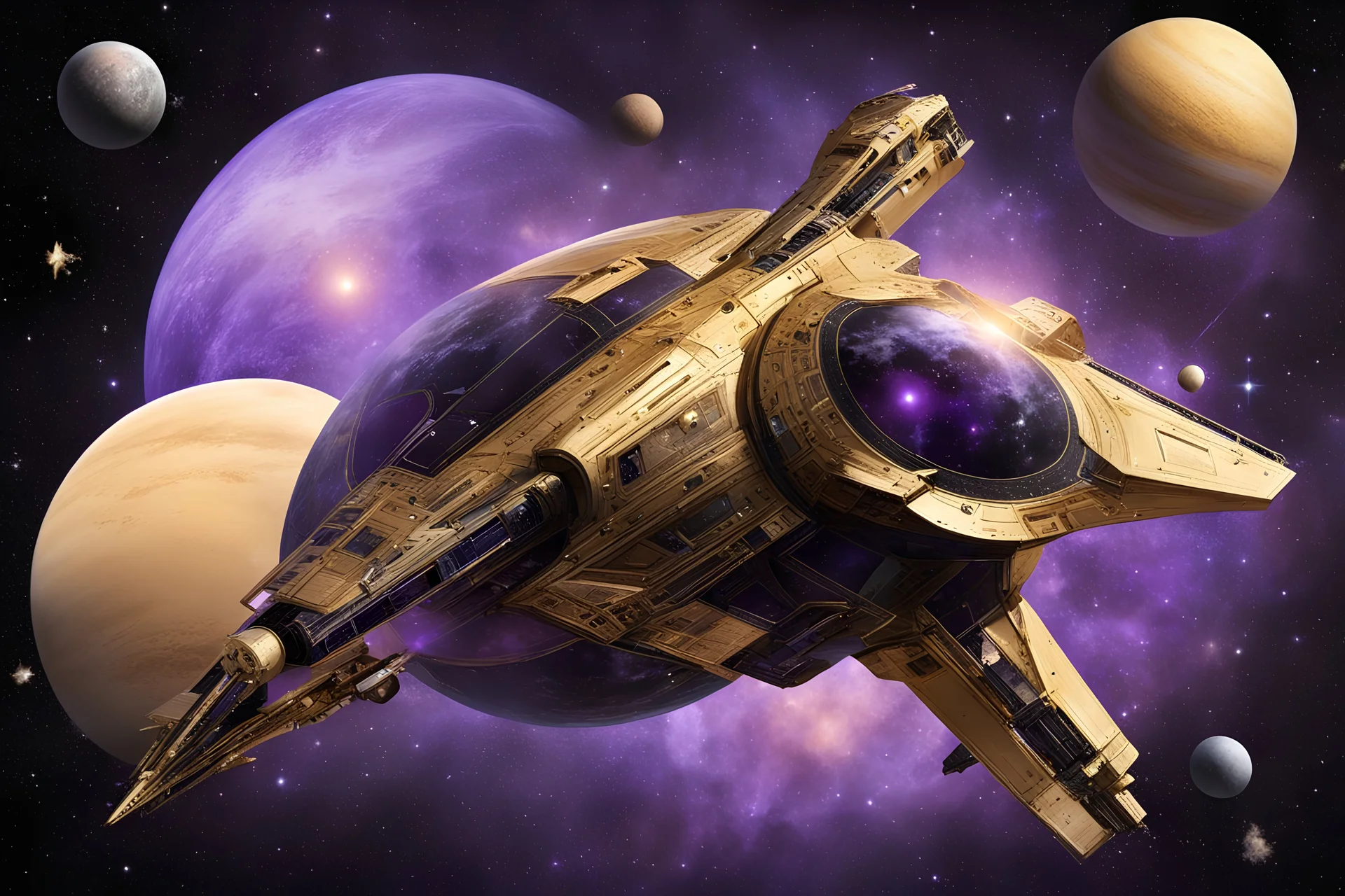 defence startrec, spacecraft in gold, black, violet,background space, stars, planets,