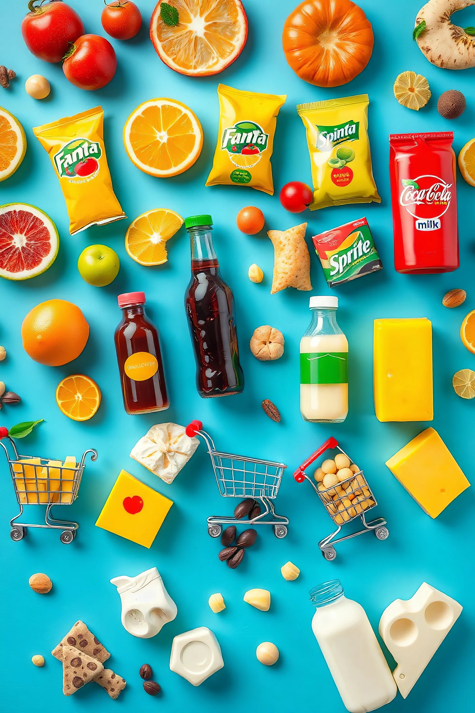A design filled with various fruit juices, chips, Fanta, Coca-Cola, Sprite, various chocolates, shopping carts, cheese, butter, pasteurized milk, and dairy products in bright, cheerful, and eye-catching colors.