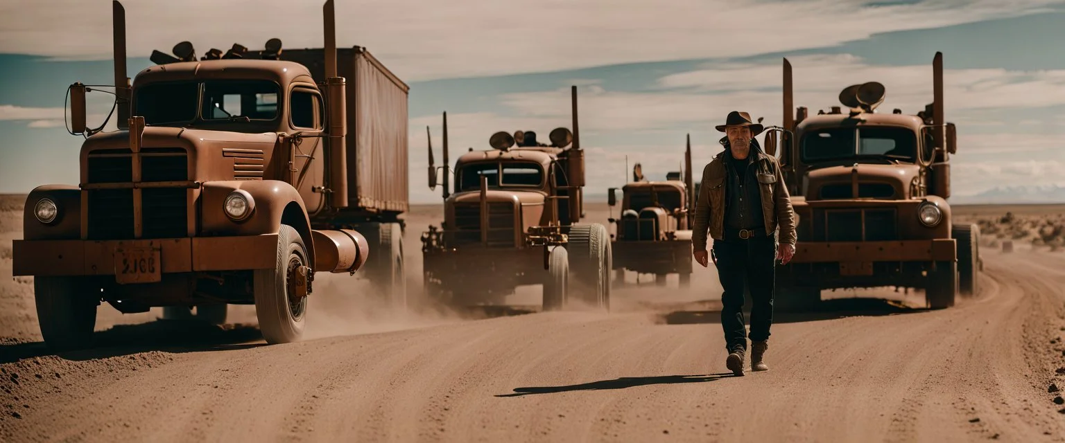 Trucker liberation army in guirrella war, Alberta Desert, cinematic, Fuji Film, Anamorphic lens, 2040s, deep depth of field, in a Cyber punk WW3 film, Fallout 4 inspired