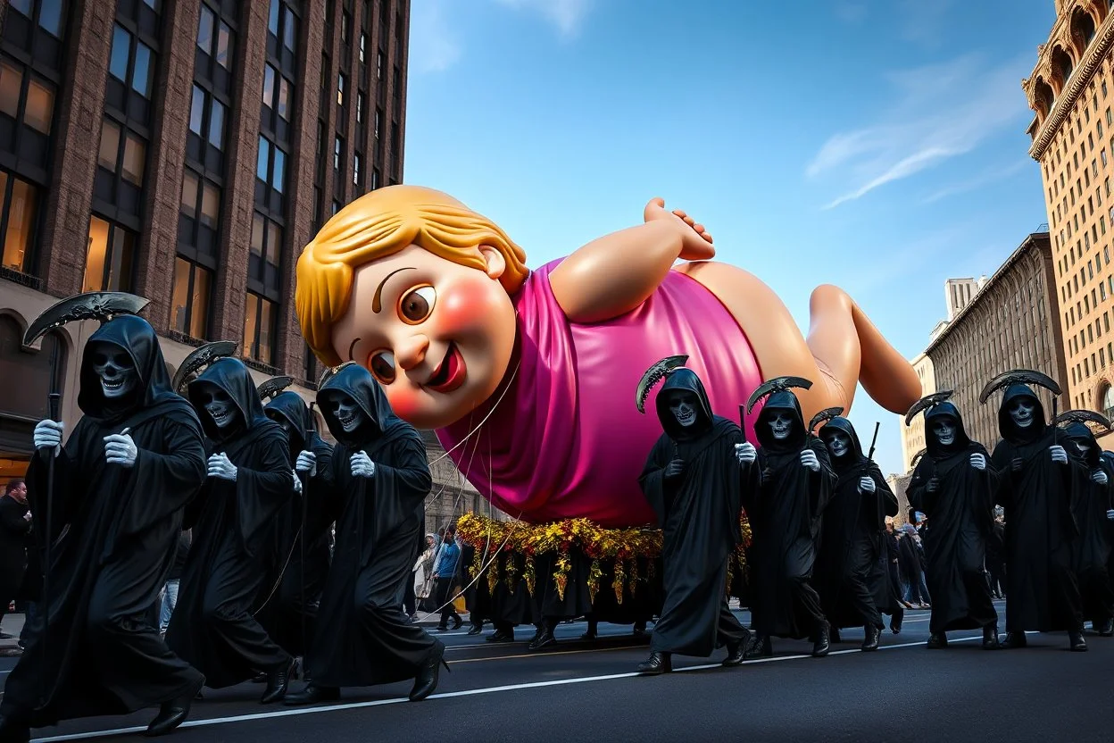 macys thanksgiving day parade style cartoonish giant baby jesus floating parade balloon pulled by multiple grim reapers, multi colored, bright, vivid, psychedelic, high detailed, high gloss, insanely detailed, matte, horrorcore, lining the street, unsettling contrast, monument to death, live action shot grim reaper parade, pulling a jesus parade float