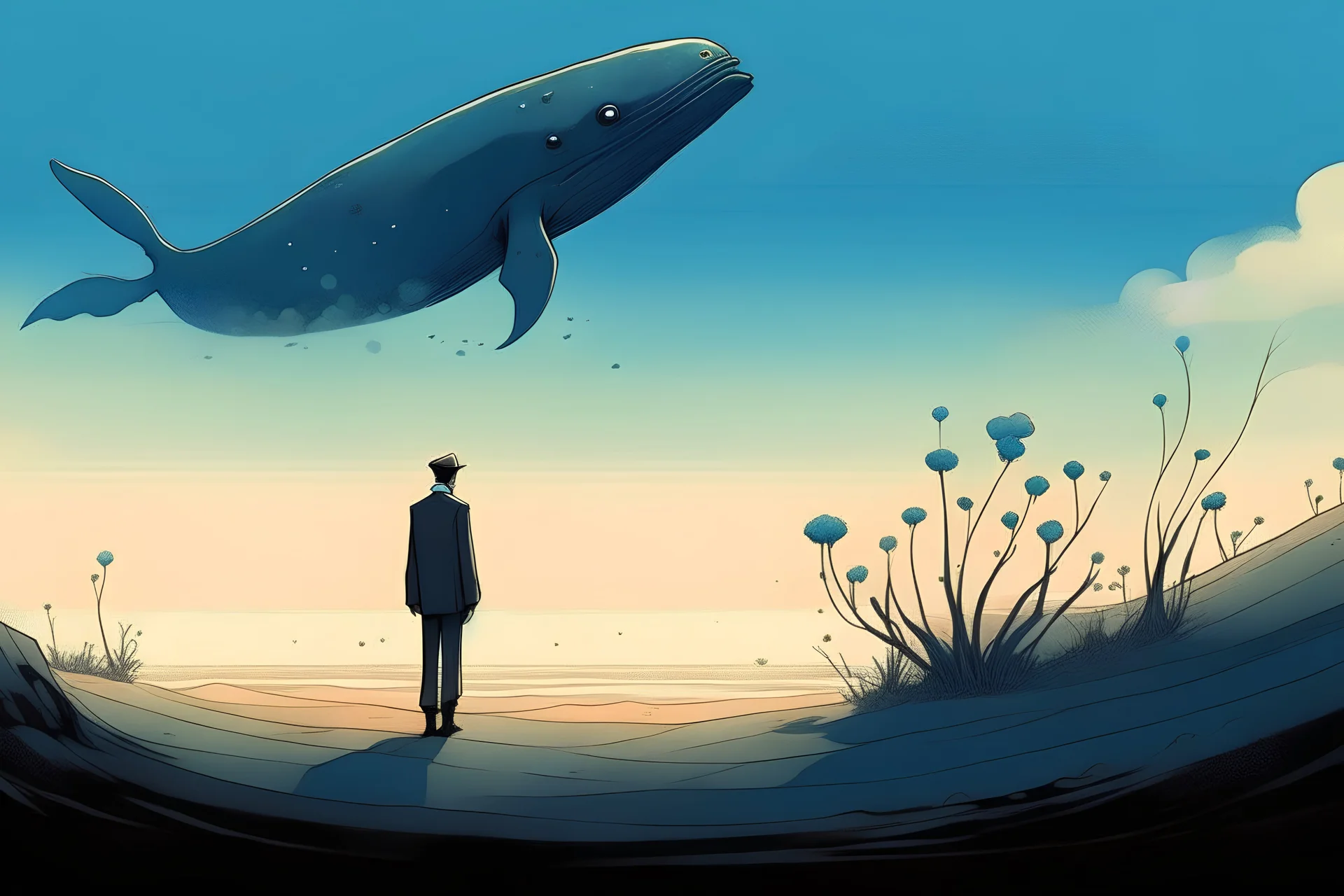 Graphic novel style, a man, a whale and a small flower, arid desert, fog background, 16K, warm and blue tone