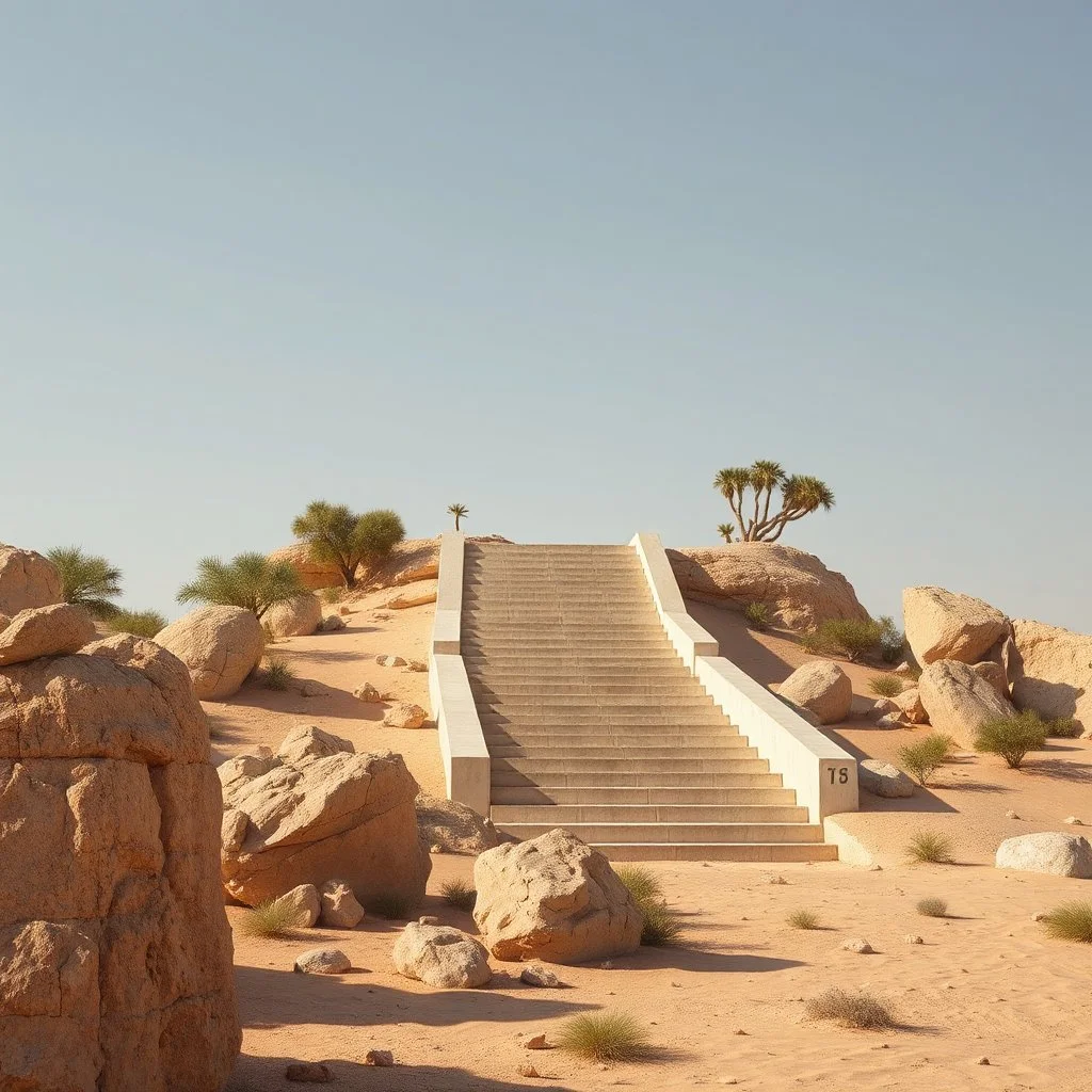 A realistic photograph of a desert landscape with a brutalist-style light concrete structure in the center, with very high steps that are impossible to climb, and rocks and trees around it. Details of the rocks very accentuated