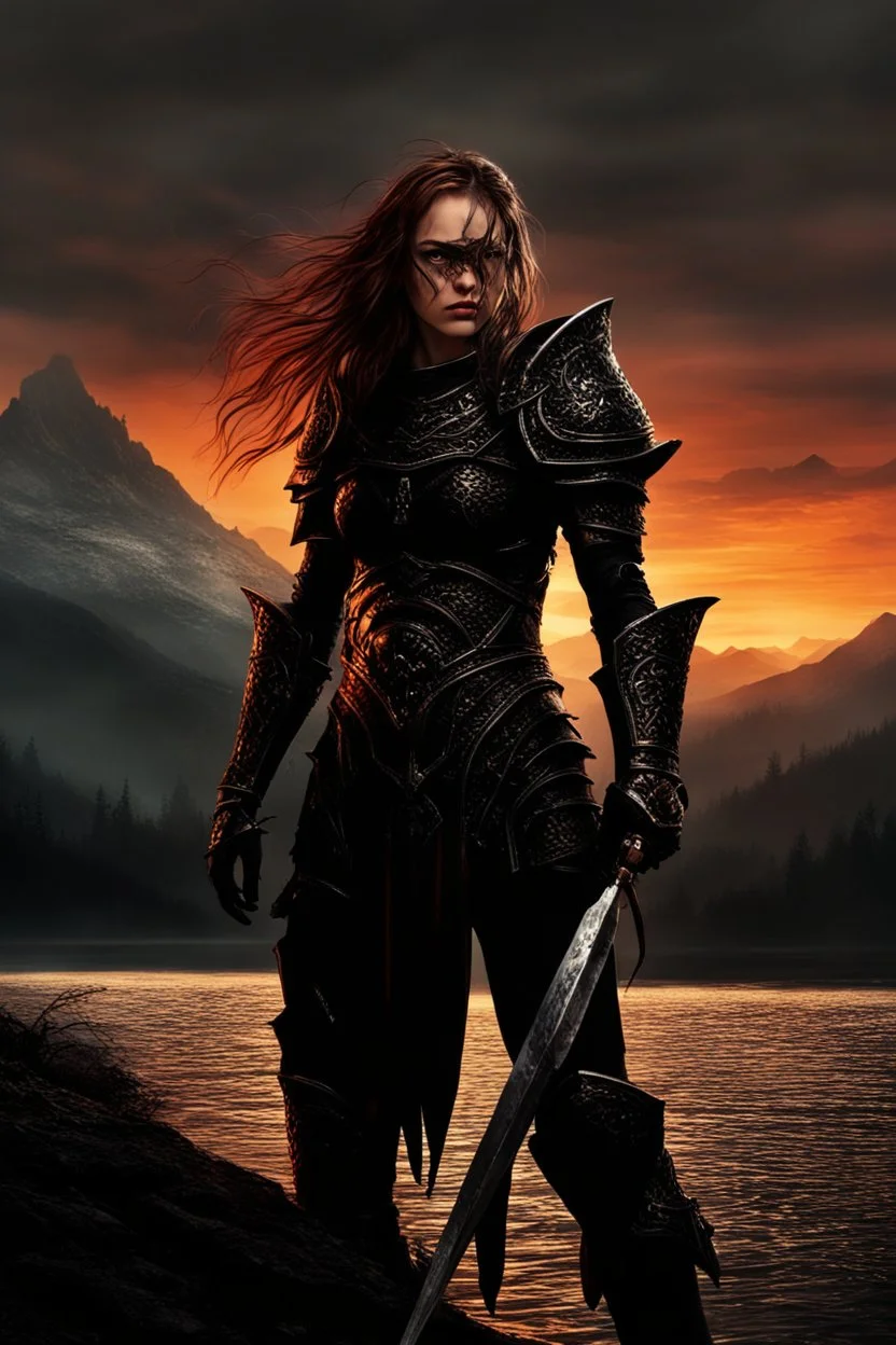 A formidable warrior girl in black armor, on the background Amazing gloomy landscape, flooded with sunset, mountains, trees, fabulous scary hero, , juicy emotions, painting, dark fantasy, gloomy day, dark world, portrait