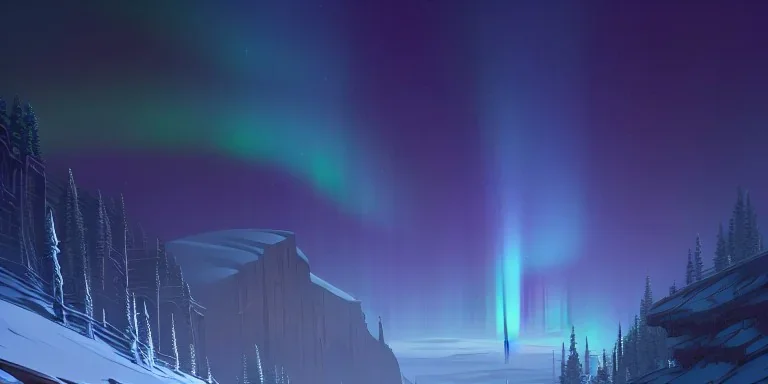 Huge place of worship in a Mountaintop cliffside, aurora borealis, fantasy, snow storm