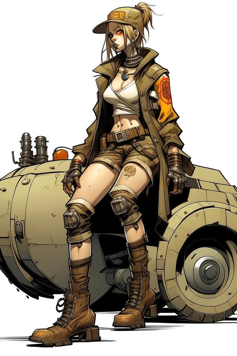 tank girl big boots sit on mechanic sputnik sphere vehicule