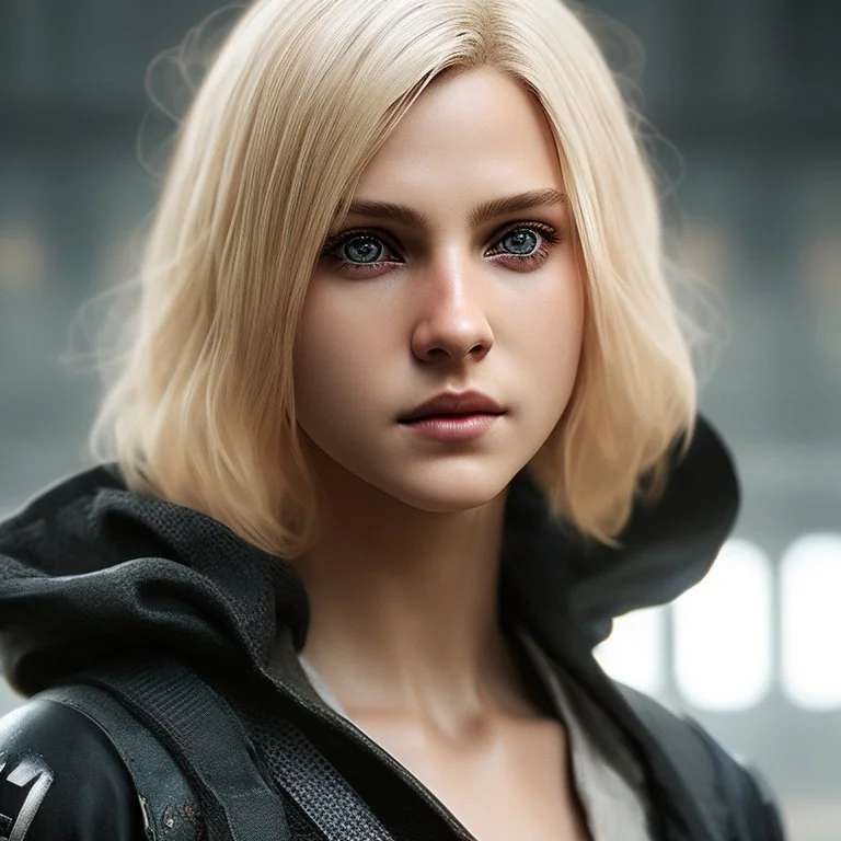 Photorealistic close-up of a beautiful blonde ninja with dystopian clothes and background