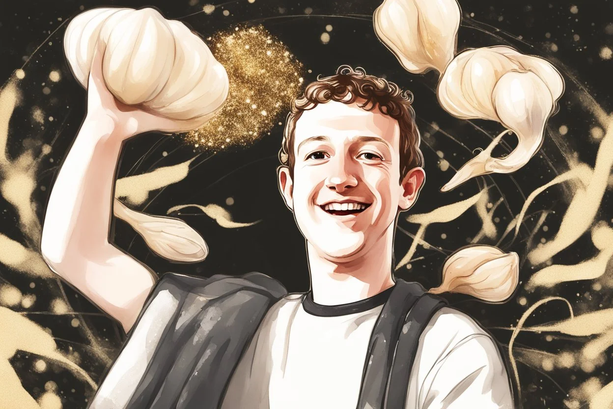 cute chibi mark zuckerberg with a big garlic in sunshine, watercolor and black in outlines, golden glitter, ethereal, cinematic postprocessing, bokeh, dof