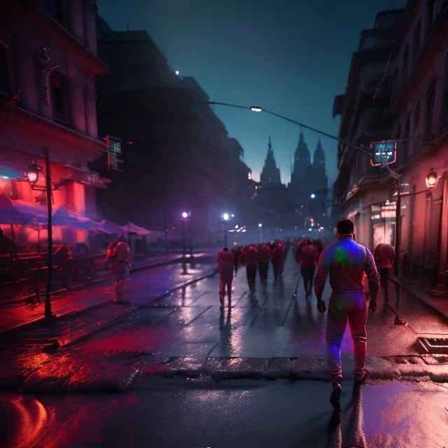 Ultra realistic night scene. Strong man , waist up view, holi festival style, happy, highly detailed, concept art, unreal engine 5, god rays, ray tracing, RTX, lumen lighting, ultra detail, volumetric lighting, 3d, finely drawn, high definition, high resolution.